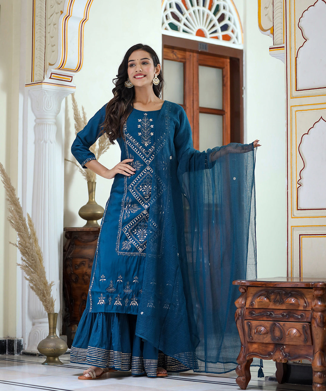 Kaajh Women's Navy Blue Embroidered Silk Kurta Sharara Set With Kota Doria Dupatta | Swadesiicart