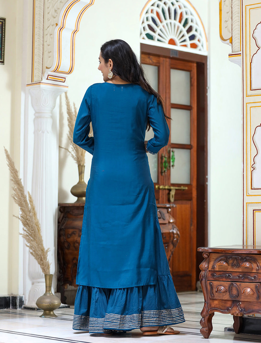 Kaajh Women's Navy Blue Embroidered Silk Kurta Sharara Set With Kota Doria Dupatta | Swadesiicart