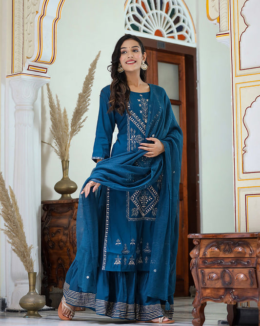 Kaajh Women's Navy Blue Embroidered Silk Kurta Sharara Set With Kota Doria Dupatta | Swadesiicart