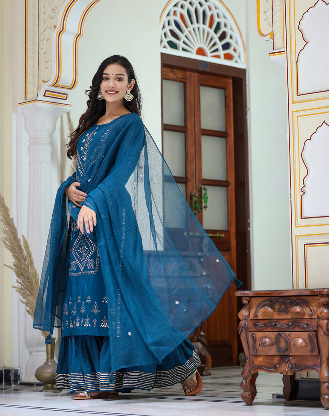Kaajh Women's Navy Blue Embroidered Silk Kurta Sharara Set With Kota Doria Dupatta | Swadesiicart