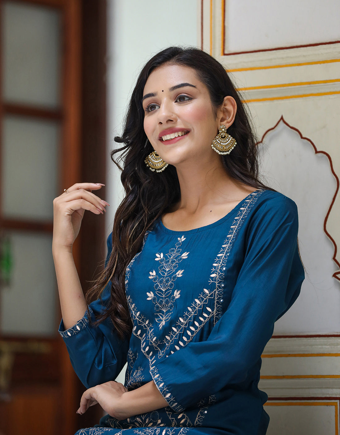 Kaajh Women's Navy Blue Embroidered Silk Kurta Sharara Set With Kota Doria Dupatta | Swadesiicart