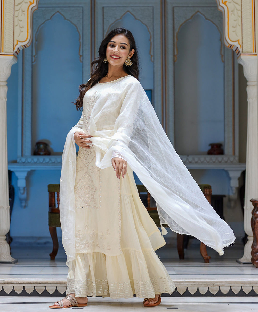 Kaajh Women's Off White EmbroideOff White Silk Kurta Sharara Set With Kota Doria Dupatta | Swadesiicart