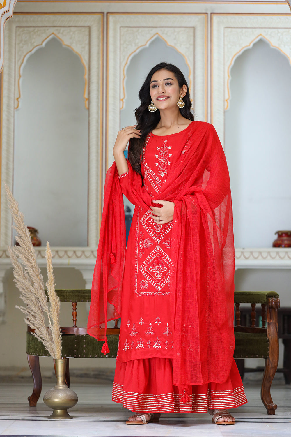 Kaajh Women's Red Embroidered Silk Kurta Sharara Set With Kota Doria Dupatta | Swadesiicart