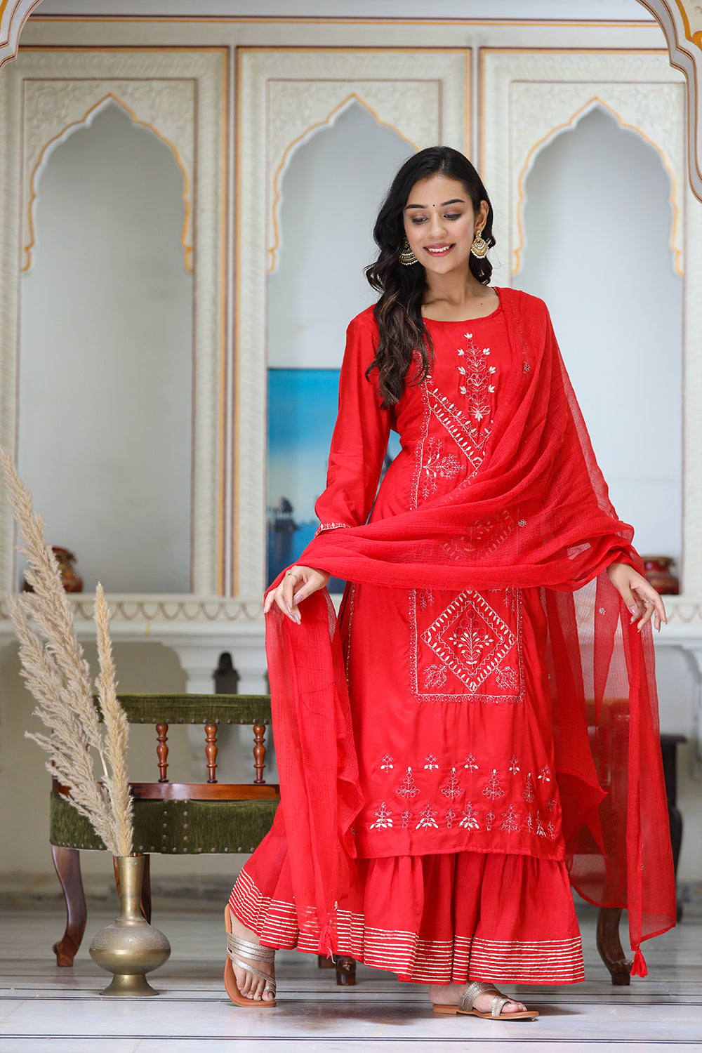 Kaajh Women's Red Embroidered Silk Kurta Sharara Set With Kota Doria Dupatta | Swadesiicart