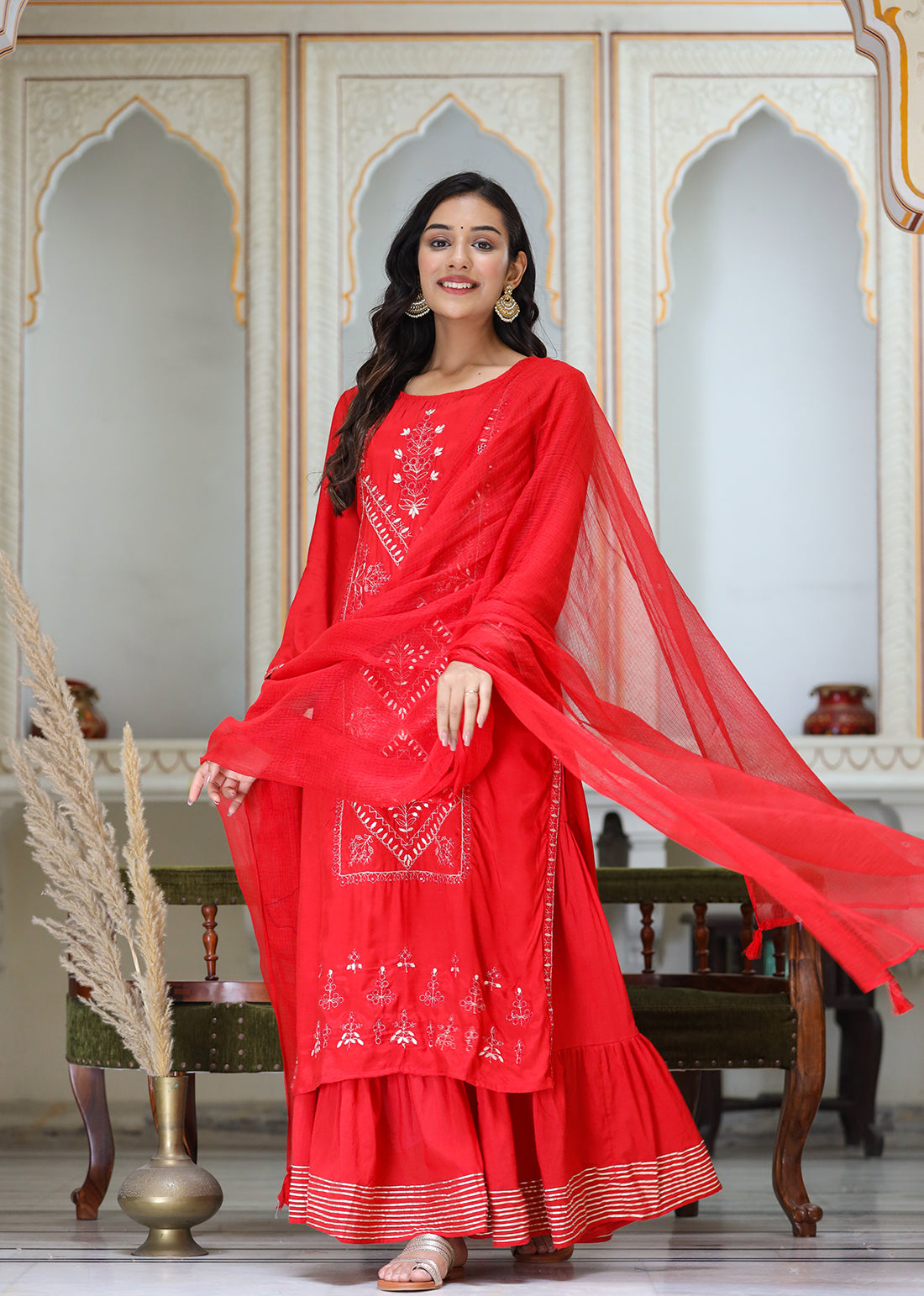 Kaajh Women's Red Embroidered Silk Kurta Sharara Set With Kota Doria Dupatta | Swadesiicart