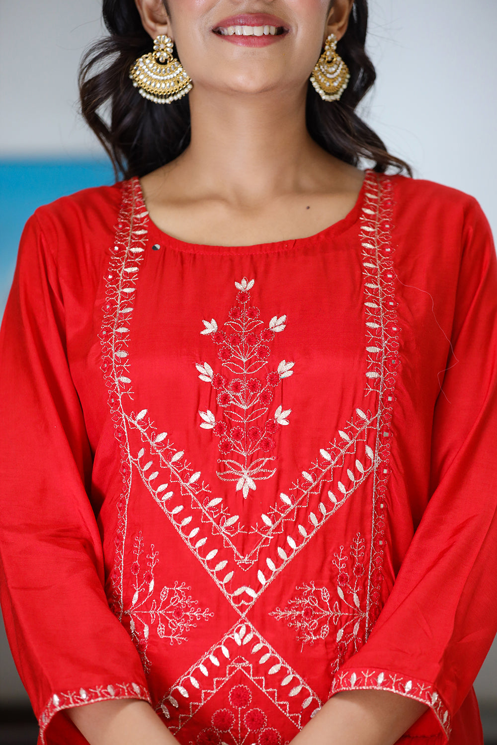 Kaajh Women's Red Embroidered Silk Kurta Sharara Set With Kota Doria Dupatta | Swadesiicart