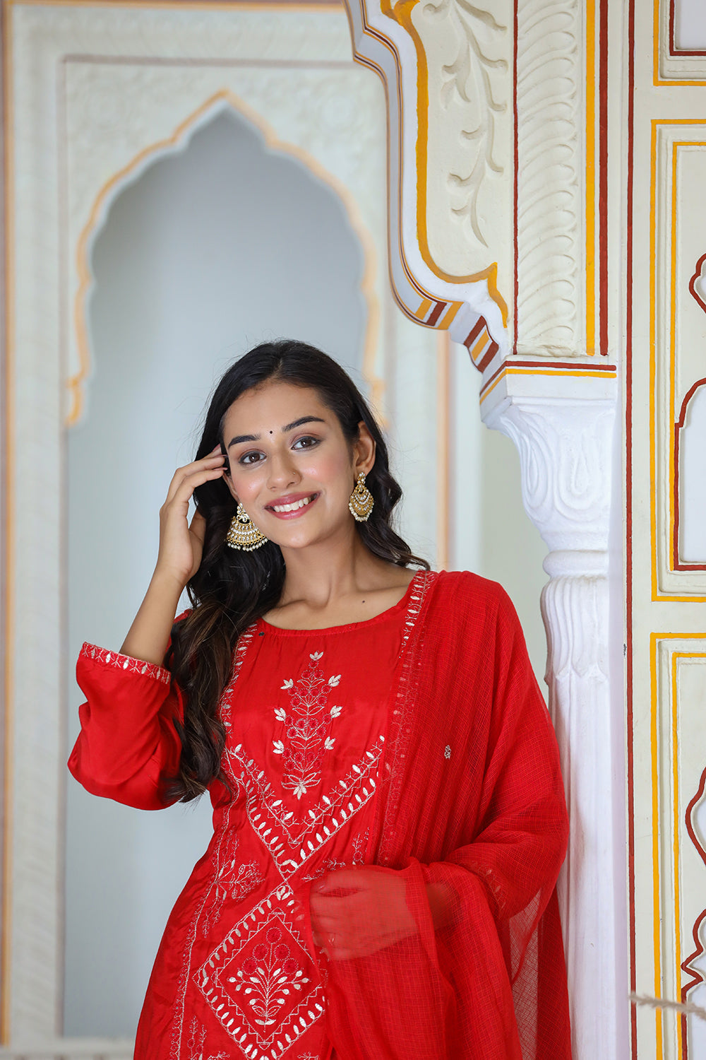Kaajh Women's Red Embroidered Silk Kurta Sharara Set With Kota Doria Dupatta | Swadesiicart