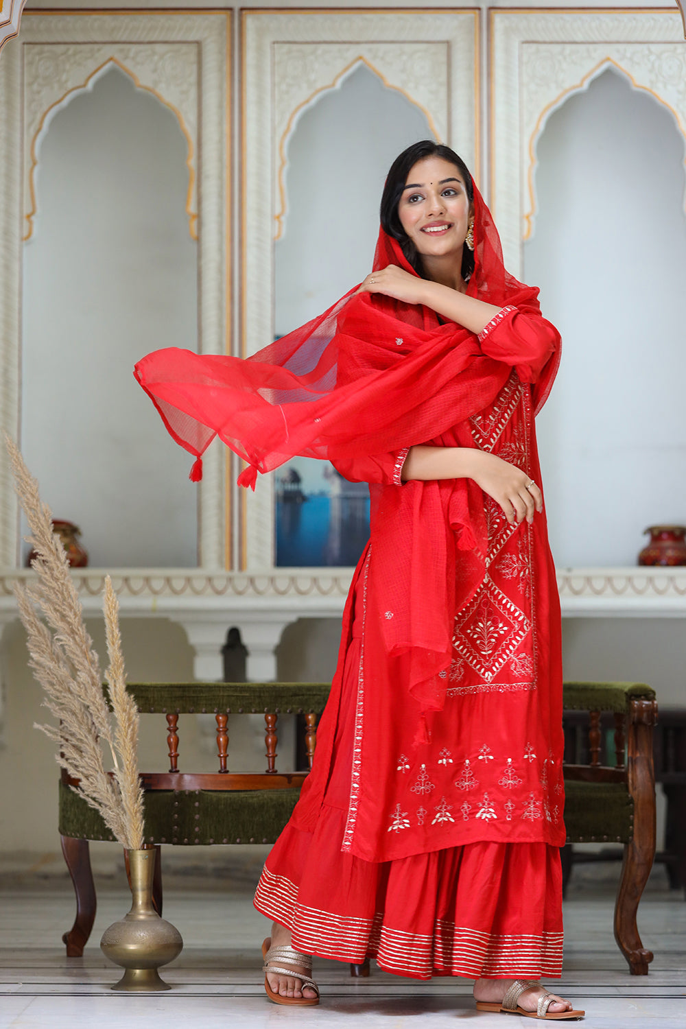 Kaajh Women's Red Embroidered Silk Kurta Sharara Set With Kota Doria Dupatta | Swadesiicart