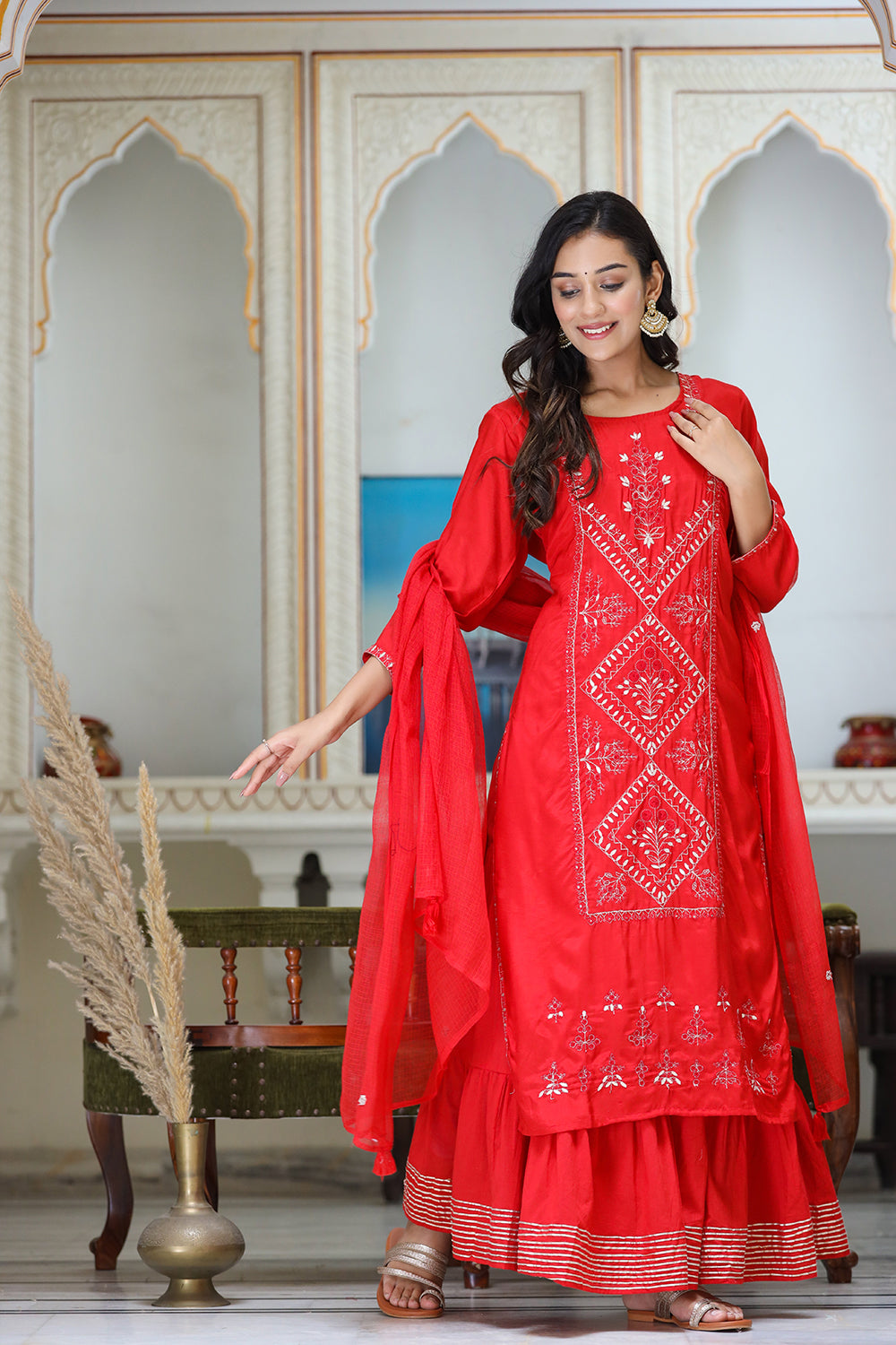 Kaajh Women's Red Embroidered Silk Kurta Sharara Set With Kota Doria Dupatta | Swadesiicart