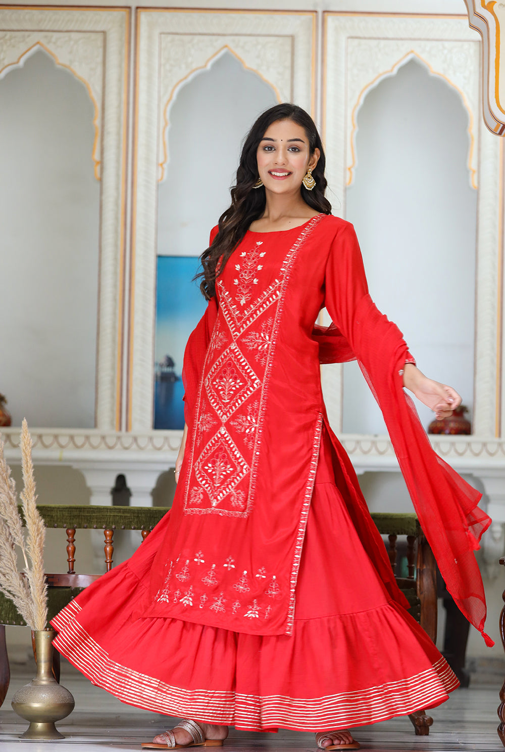 Kaajh Women's Red Embroidered Silk Kurta Sharara Set With Kota Doria Dupatta | Swadesiicart