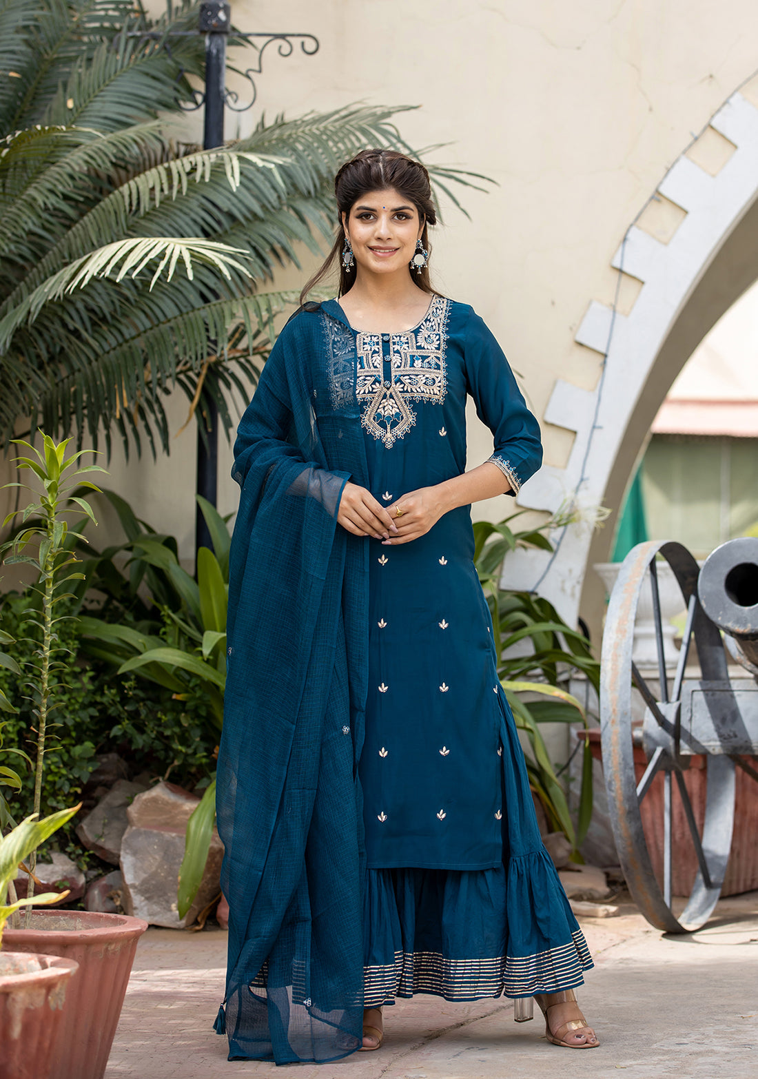 Kaajh Women's Blue Modal Silk Embroidered Kurta Sharara Set With Dupatta | Swadesiicart