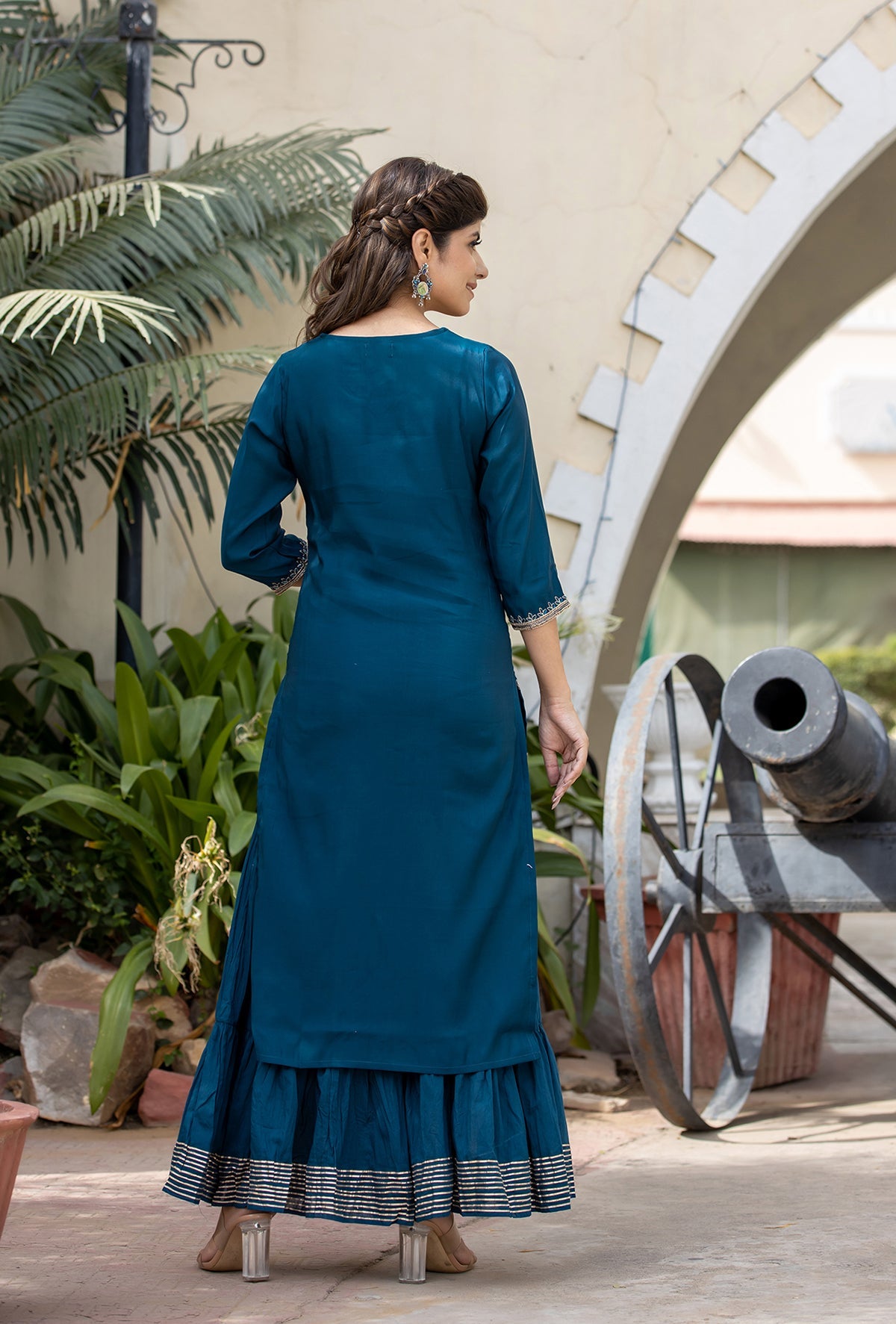 Kaajh Women's Blue Modal Silk Embroidered Kurta Sharara Set With Dupatta | Swadesiicart
