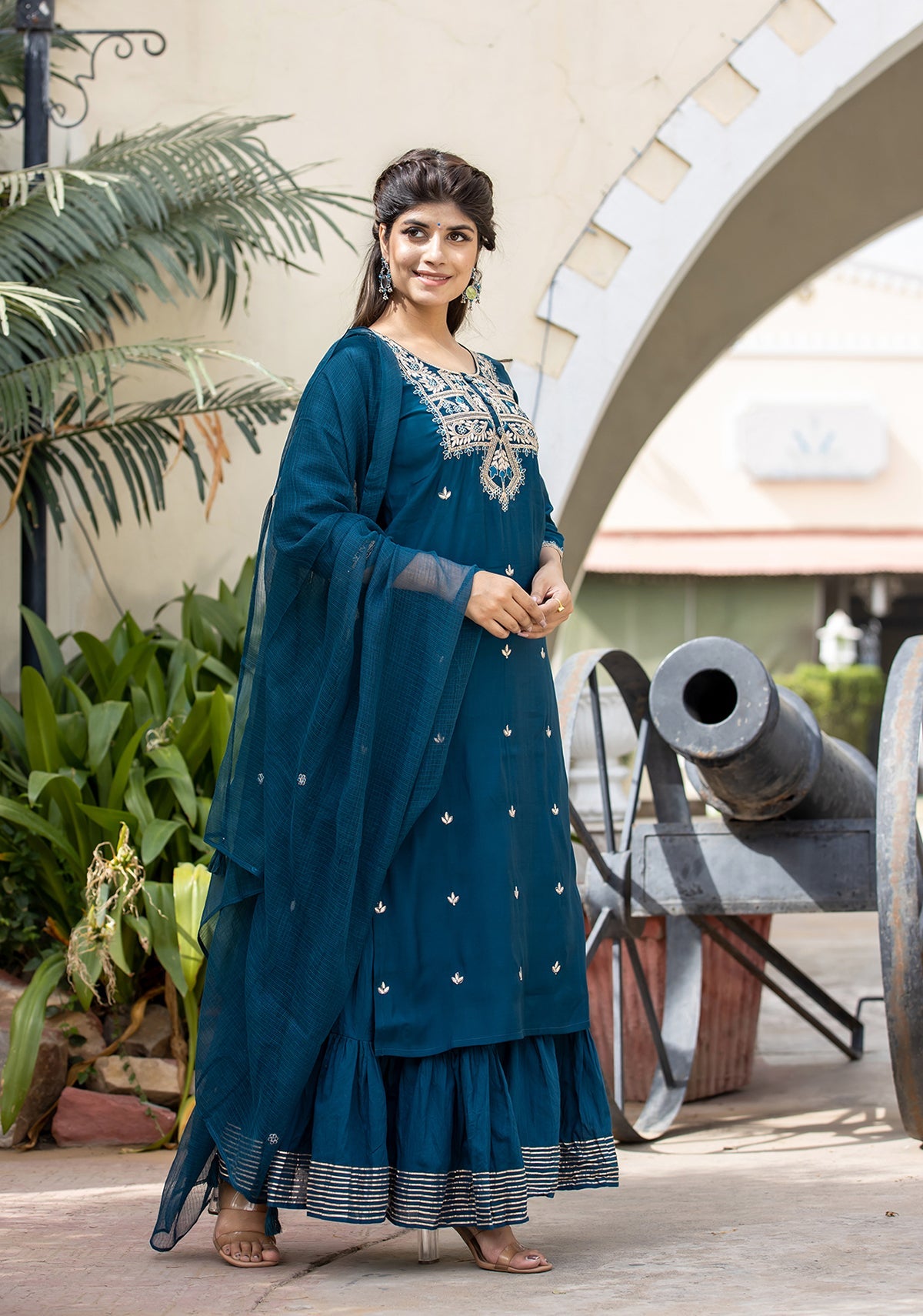 Kaajh Women's Blue Modal Silk Embroidered Kurta Sharara Set With Dupatta | Swadesiicart