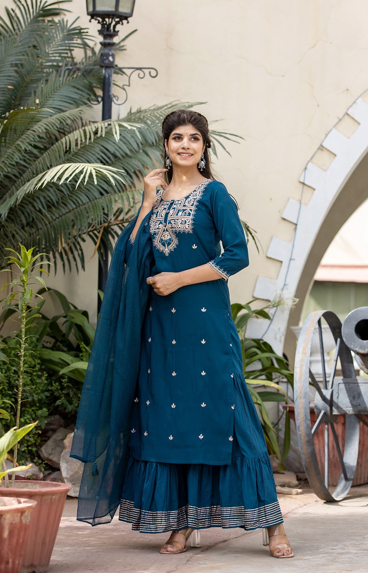 Kaajh Women's Blue Modal Silk Embroidered Kurta Sharara Set With Dupatta | Swadesiicart