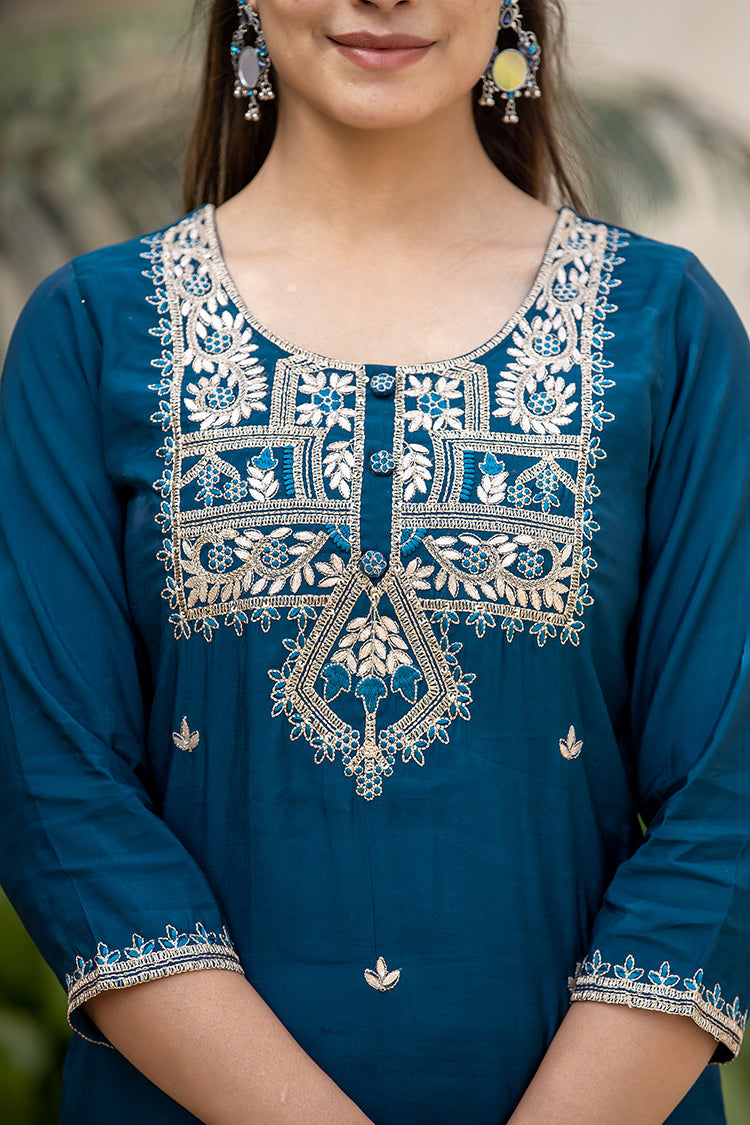Kaajh Women's Blue Modal Silk Embroidered Kurta Sharara Set With Dupatta | Swadesiicart