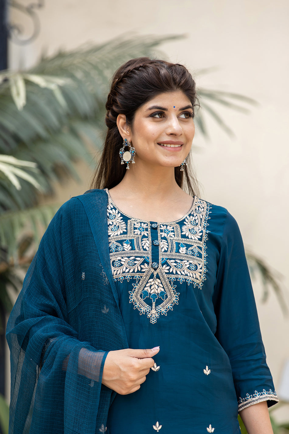 Kaajh Women's Blue Modal Silk Embroidered Kurta Sharara Set With Dupatta | Swadesiicart