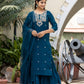 Kaajh Women's Blue Modal Silk Embroidered Kurta Sharara Set With Dupatta | Swadesiicart