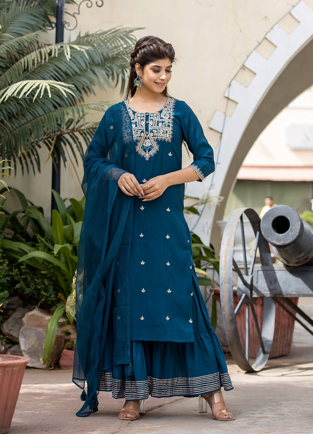 Kaajh Women's Blue Modal Silk Embroidered Kurta Sharara Set With Dupatta | Swadesiicart