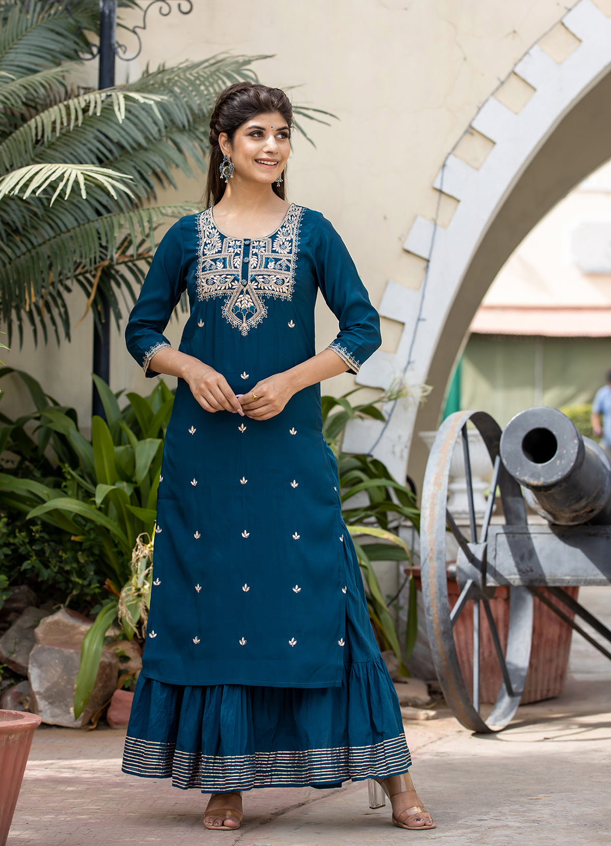 Kaajh Women's Blue Modal Silk Embroidered Kurta Sharara Set With Dupatta | Swadesiicart