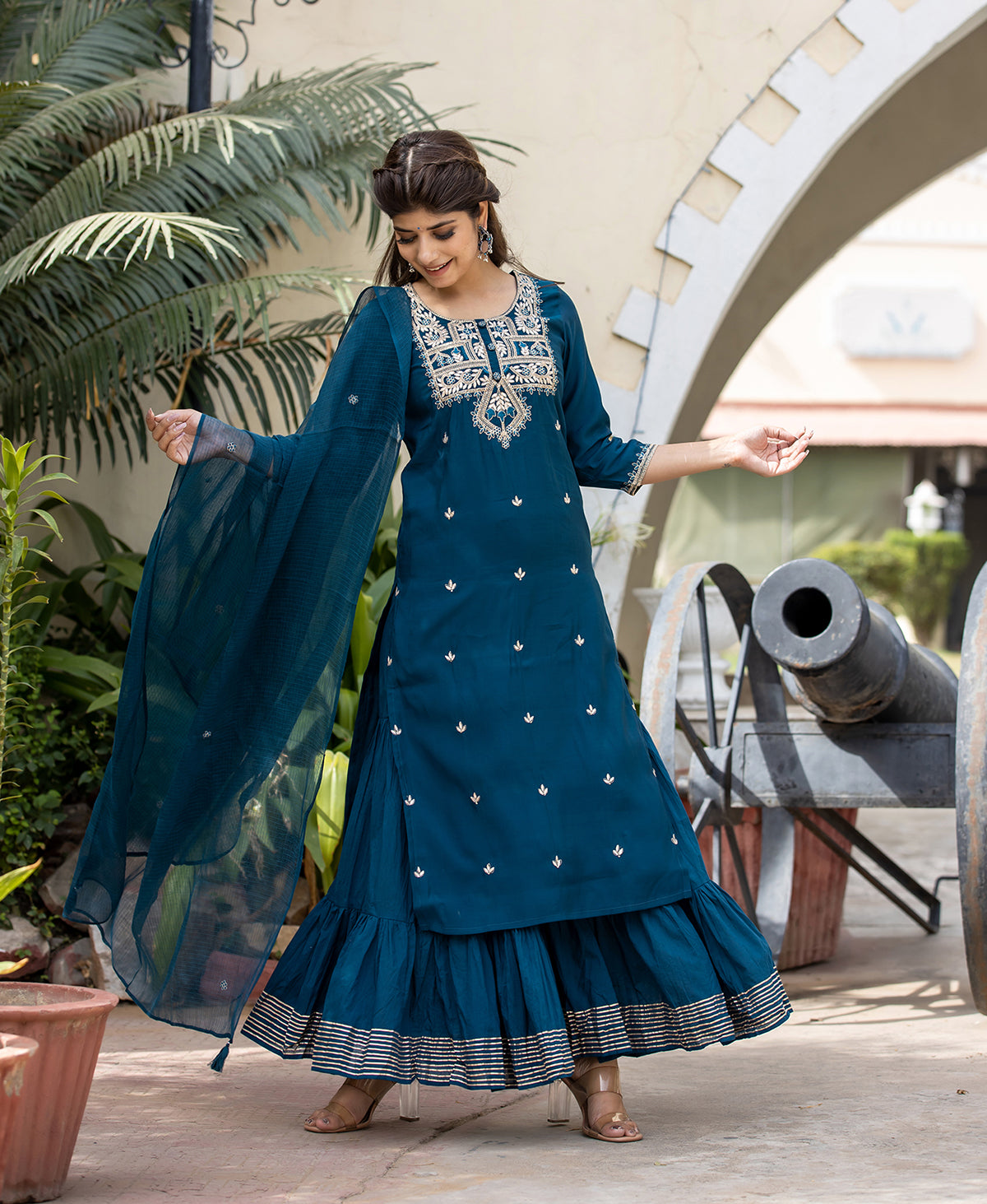 Kaajh Women's Blue Modal Silk Embroidered Kurta Sharara Set With Dupatta | Swadesiicart