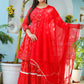 Kaajh Woman's Red Bandhej Cotton Paplum Kurta Sharara With Dupatta | Swadesiicart