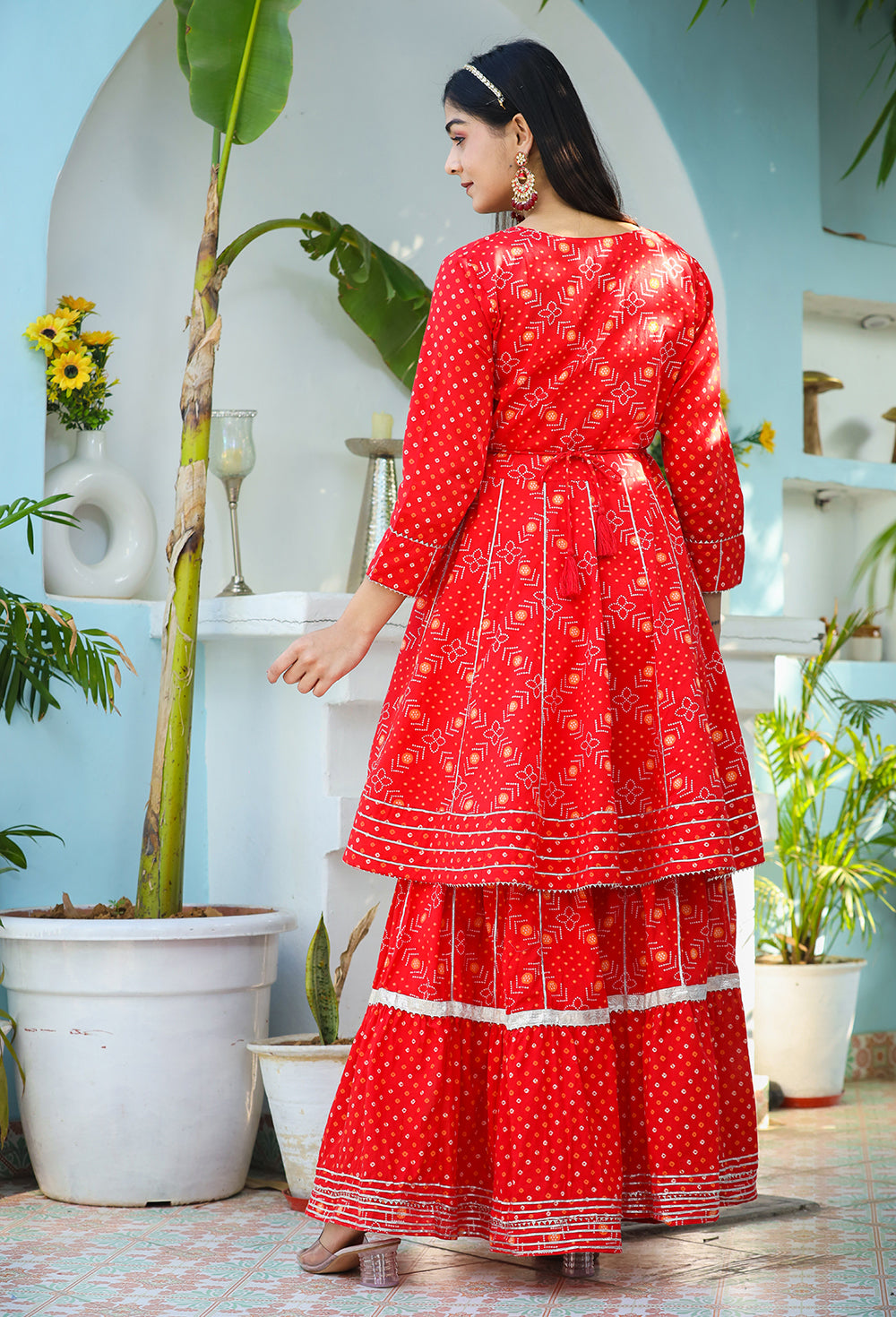 Kaajh Woman's Red Bandhej Cotton Paplum Kurta Sharara With Dupatta | Swadesiicart
