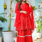 Kaajh Woman's Red Bandhej Cotton Paplum Kurta Sharara With Dupatta | Swadesiicart