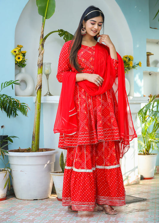 Kaajh Woman's Red Bandhej Cotton Paplum Kurta Sharara With Dupatta | Swadesiicart