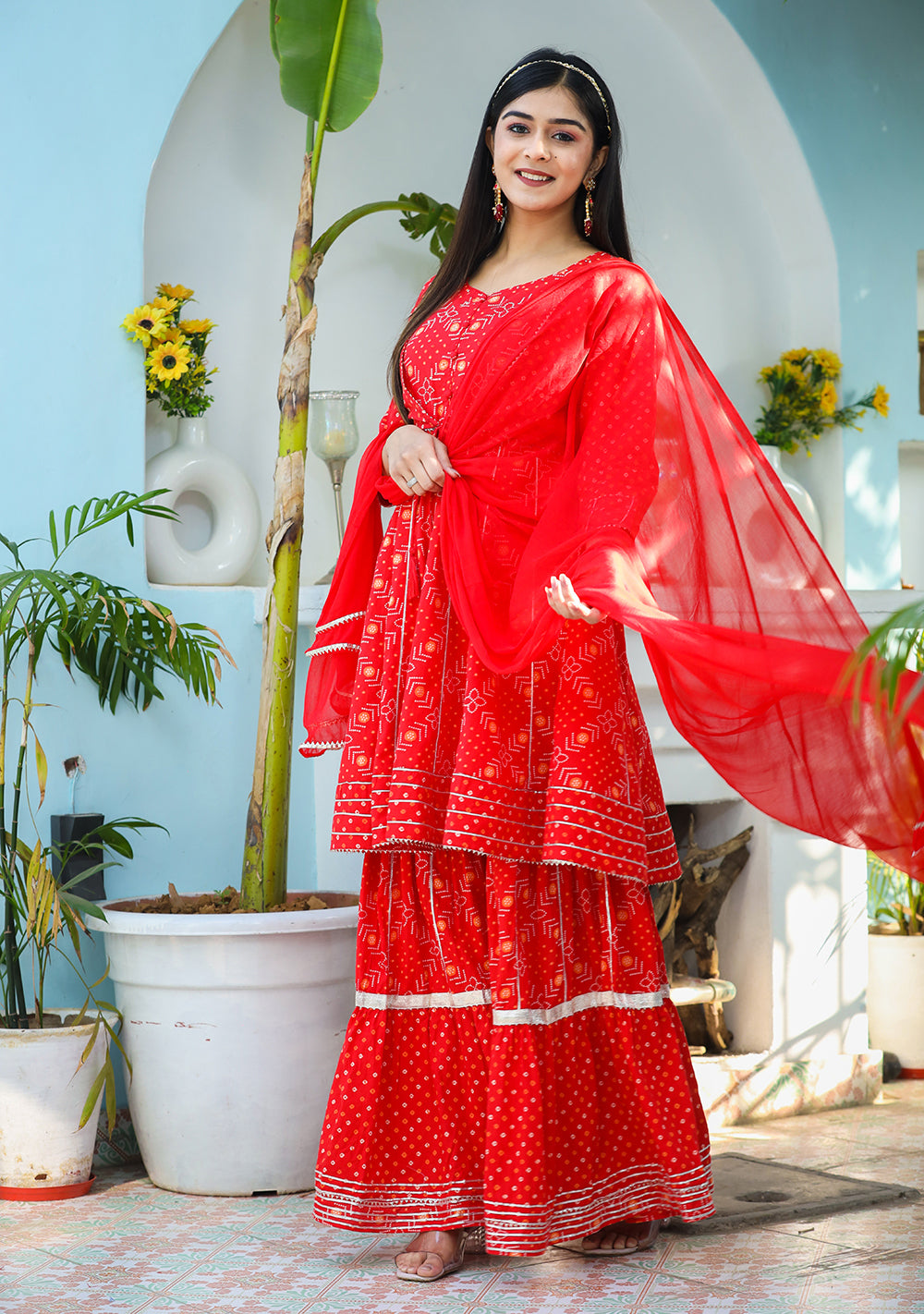 Kaajh Woman's Red Bandhej Cotton Paplum Kurta Sharara With Dupatta | Swadesiicart