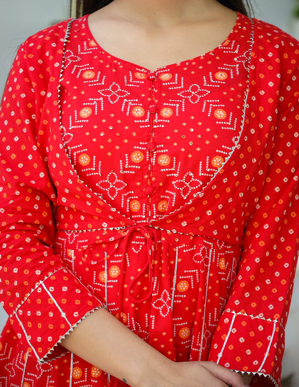 Kaajh Woman's Red Bandhej Cotton Paplum Kurta Sharara With Dupatta | Swadesiicart