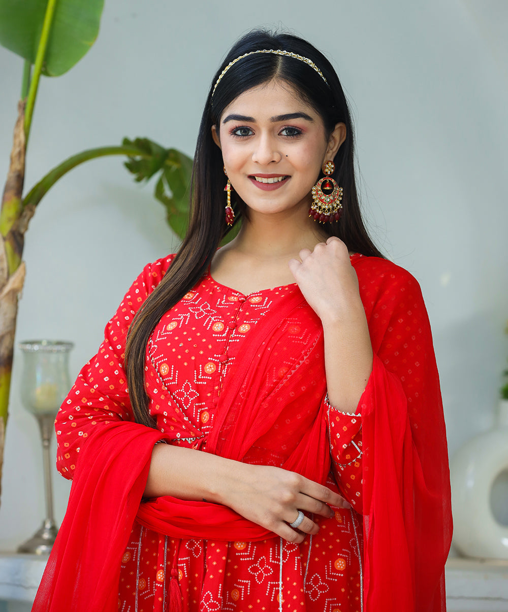Kaajh Woman's Red Bandhej Cotton Paplum Kurta Sharara With Dupatta | Swadesiicart