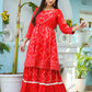 Kaajh Woman's Red Bandhej Cotton Paplum Kurta Sharara With Dupatta | Swadesiicart