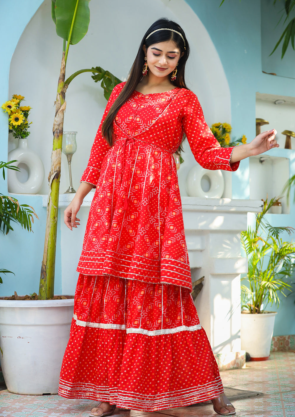 Kaajh Woman's Red Bandhej Cotton Paplum Kurta Sharara With Dupatta | Swadesiicart