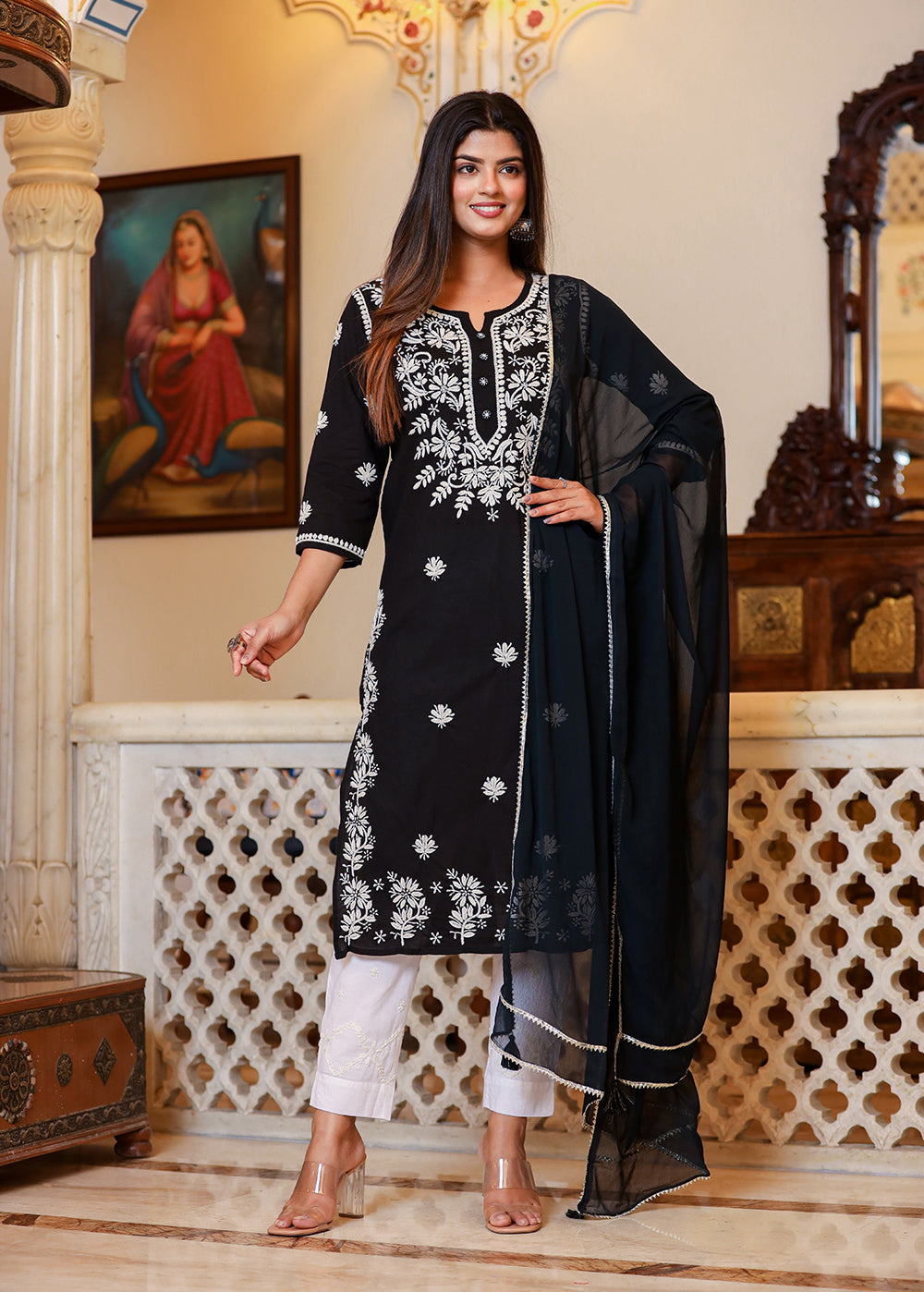 Kaajh Women's Black Lucknow Chikankari Kurta Set With Pant and Dupatta | Swadesiicart