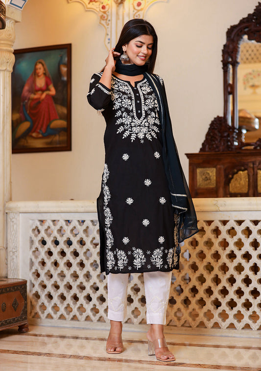 Kaajh Women's Black Lucknow Chikankari Kurta Set With Pant and Dupatta | Swadesiicart
