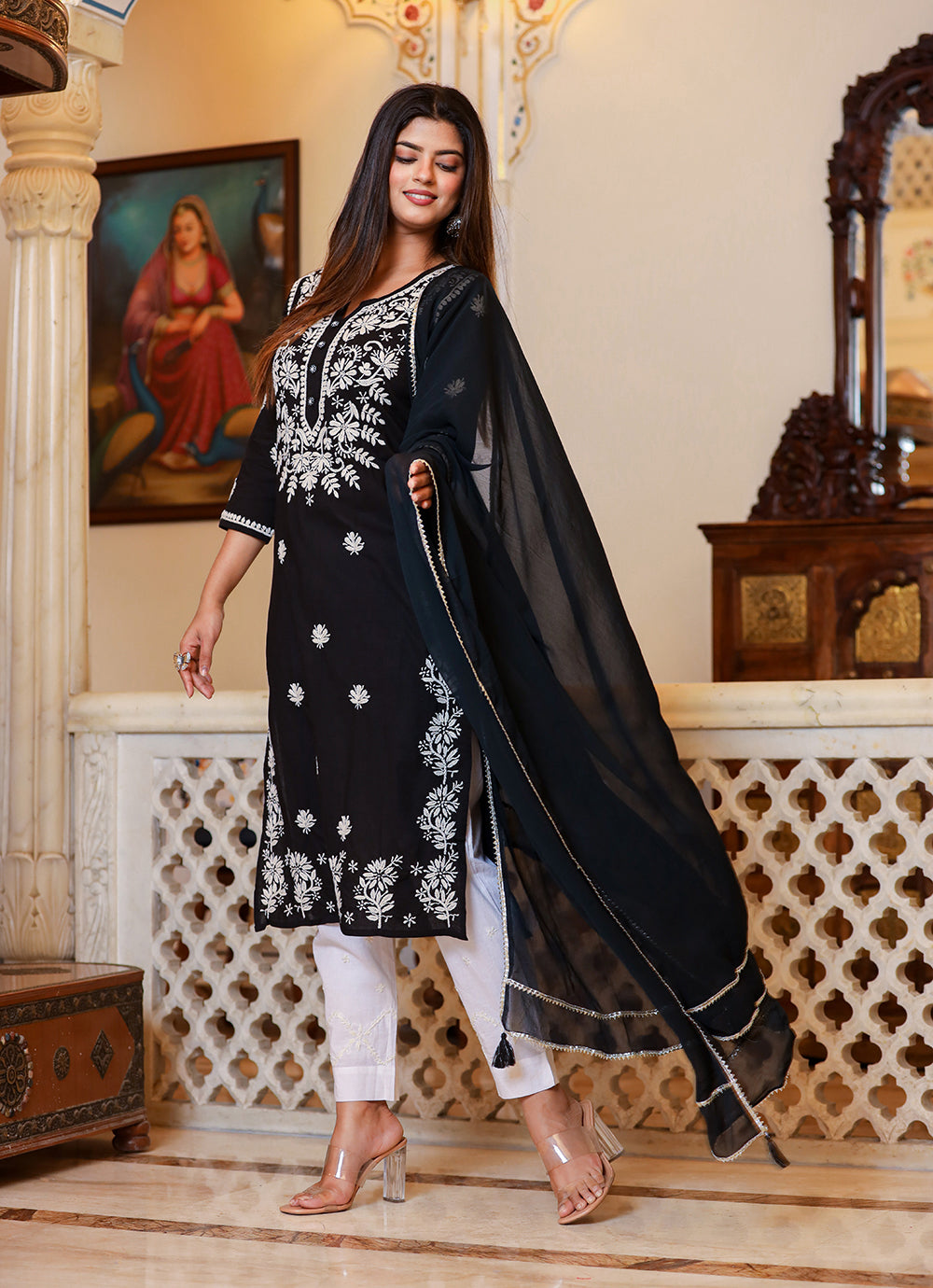 Kaajh Women's Black Lucknow Chikankari Kurta Set With Pant and Dupatta | Swadesiicart