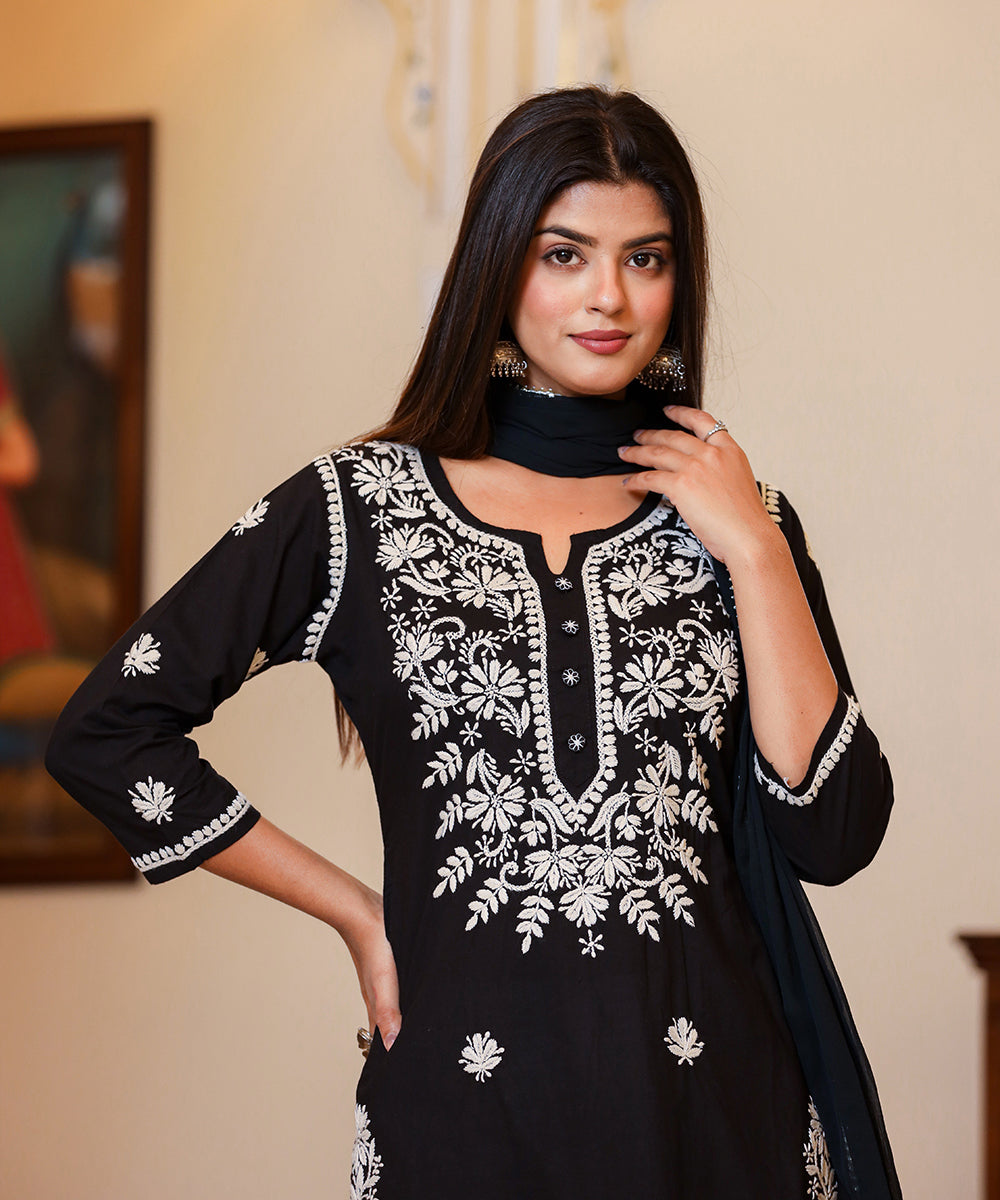 Kaajh Women's Black Lucknow Chikankari Kurta Set With Pant and Dupatta | Swadesiicart