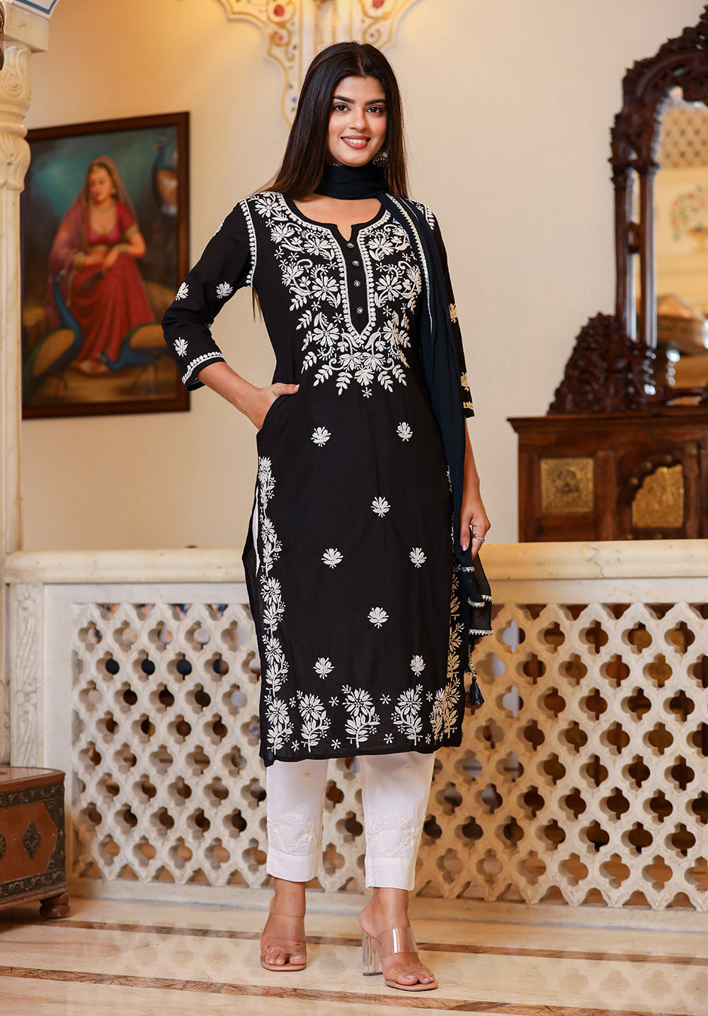 Kaajh Women's Black Lucknow Chikankari Kurta Set With Pant and Dupatta | Swadesiicart