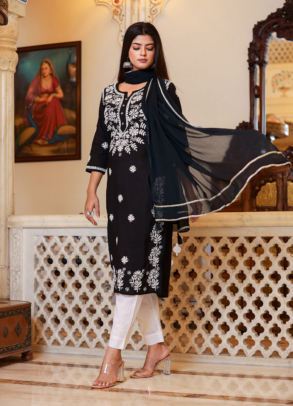 Kaajh Women's Black Lucknow Chikankari Kurta Set With Pant and Dupatta | Swadesiicart