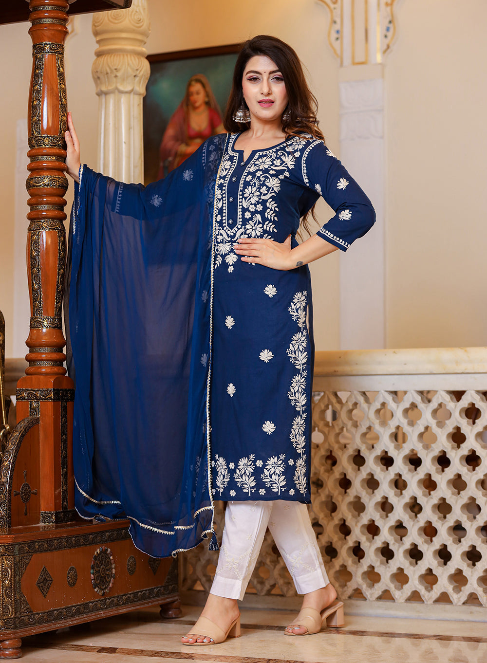 Kaajh Women's Navy Blue Lucknow Chikankari Kurta Set With Pant and Dupatta | Swadesiicart