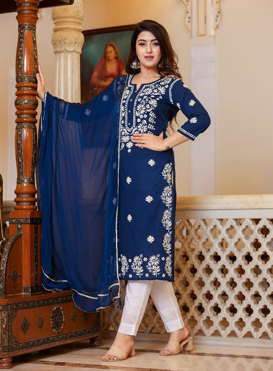 Kaajh Women's Navy Blue Lucknow Chikankari Kurta Set With Pant and Dupatta | Swadesiicart