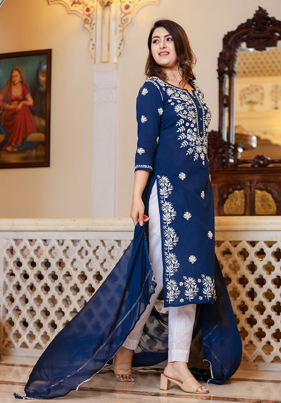 Kaajh Women's Navy Blue Lucknow Chikankari Kurta Set With Pant and Dupatta | Swadesiicart