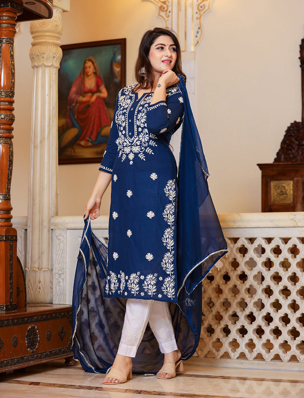 Kaajh Women's Navy Blue Lucknow Chikankari Kurta Set With Pant and Dupatta | Swadesiicart