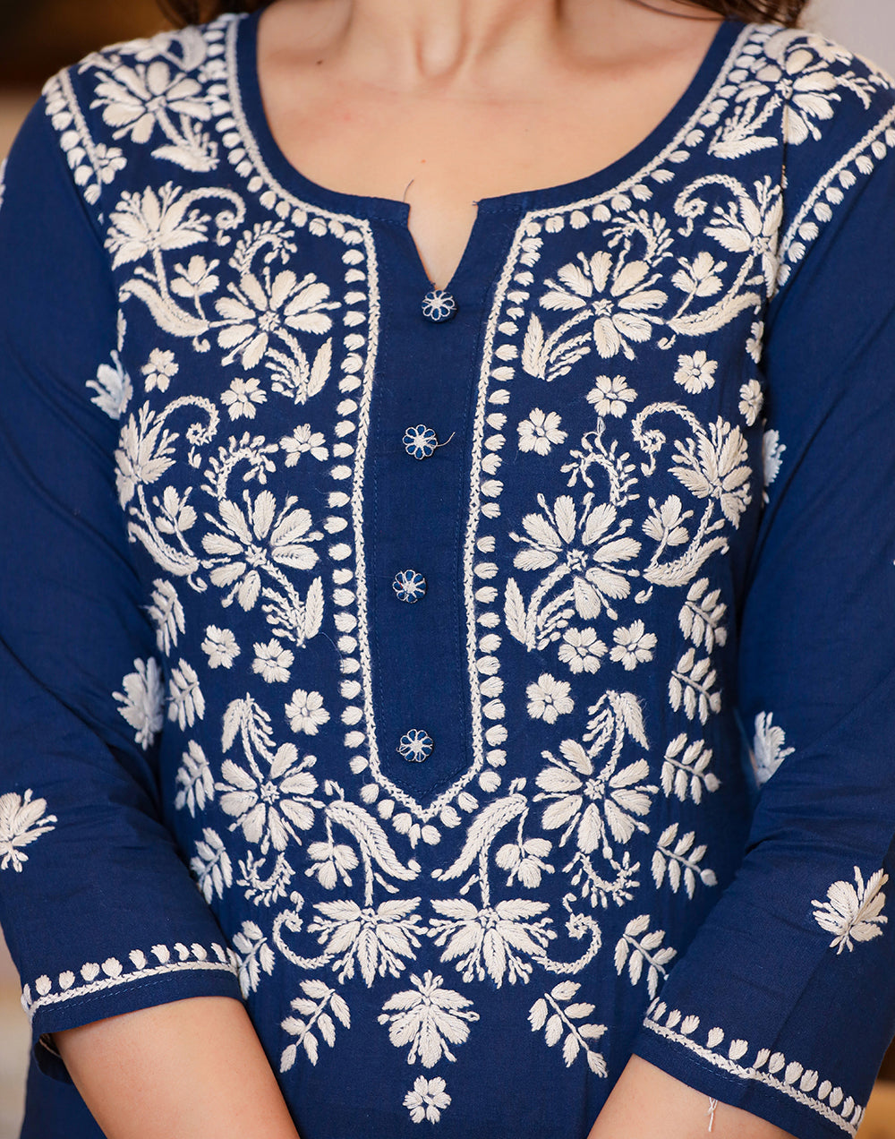 Kaajh Women's Navy Blue Lucknow Chikankari Kurta Set With Pant and Dupatta | Swadesiicart