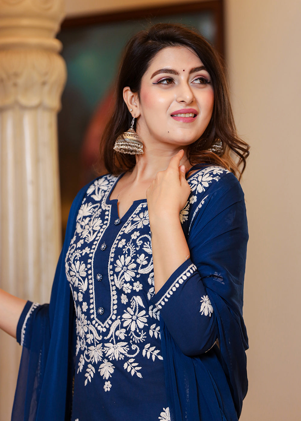 Kaajh Women's Navy Blue Lucknow Chikankari Kurta Set With Pant and Dupatta | Swadesiicart