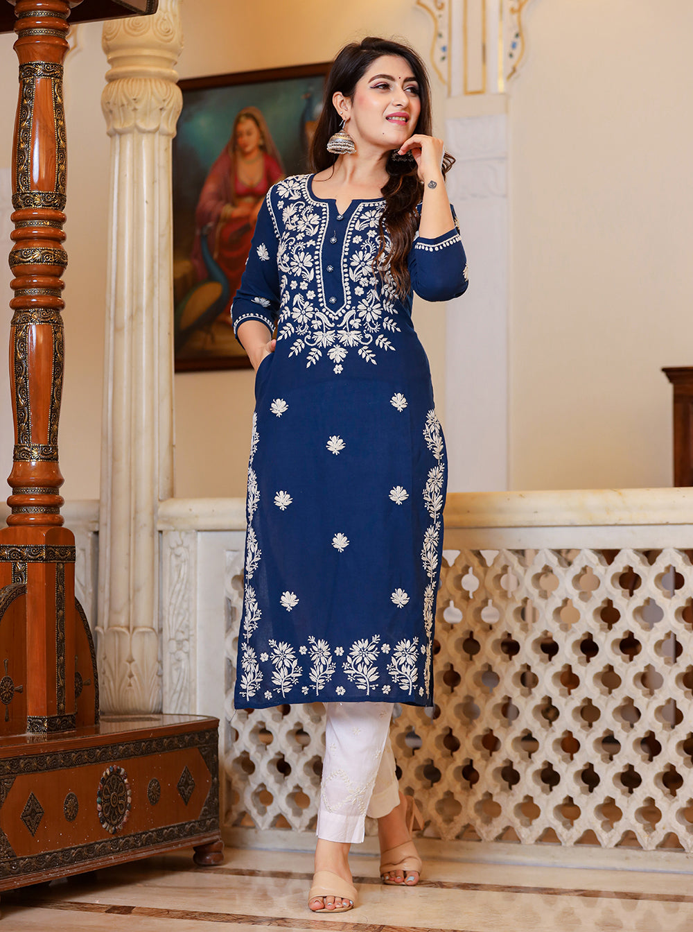 Kaajh Women's Navy Blue Lucknow Chikankari Kurta Set With Pant and Dupatta | Swadesiicart