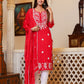 Kaajh Women's Red Lucknow Chikankari Kurta Set With Pant and Dupatta | Swadesiicart