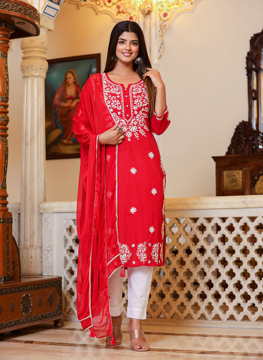 Kaajh Women's Red Lucknow Chikankari Kurta Set With Pant and Dupatta | Swadesiicart