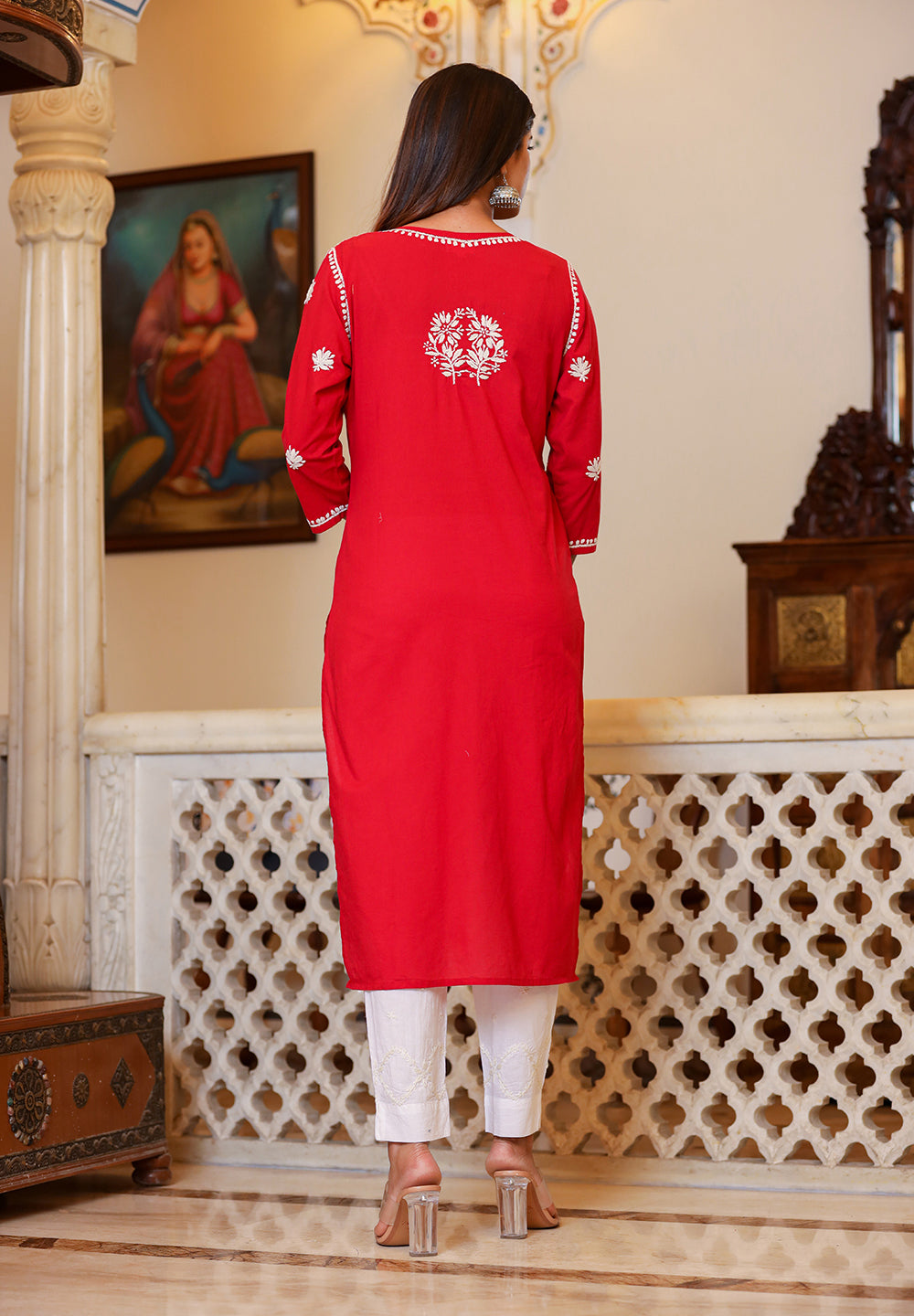 Kaajh Women's Red Lucknow Chikankari Kurta Set With Pant and Dupatta | Swadesiicart