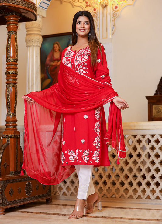 Kaajh Women's Red Lucknow Chikankari Kurta Set With Pant and Dupatta | Swadesiicart